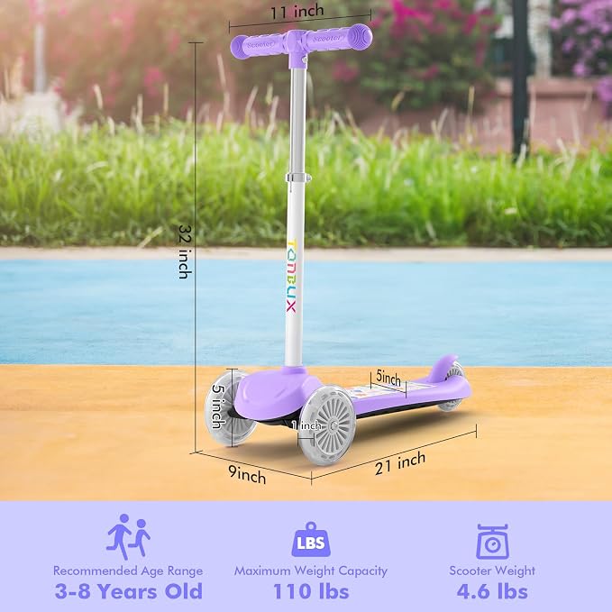 TONBUX Kids Scooter for Ages 3-5, Toddler Scooter with Light-Up Deck and Wheels, Adjustable 4-Level Height 3-Wheel Scooters for Kids, Lean-to-Steer Design