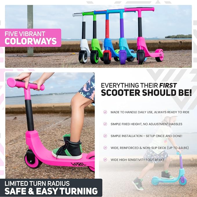 Vital First 2 Wheel Toddler Scooter | Beginner Balance Training Kids Toys for Ages 2-5 | Durable Lightweight Design & Fixed Height Kids Scooter | Wide Wheels and Foot Brake