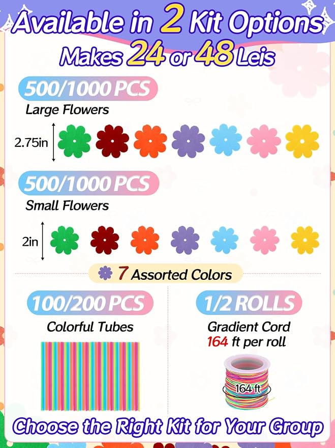 Cosweet Lei Making Craft Kit for Kids - Hawaiian Leis Bulk Makes 24 Flower Necklaces with 1000 Felt Flowers, Lei Craft Supplies for VBS, Classroom Activities & Luau Party Favors