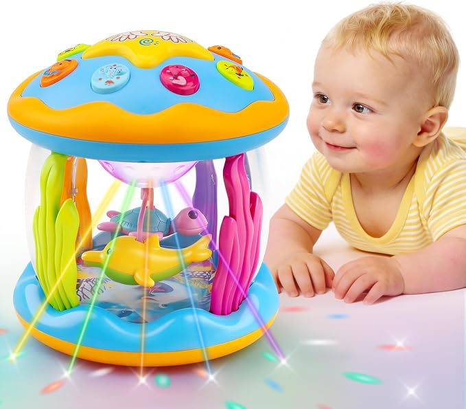 Baby Toys 0-6 Months Ocean Rotating Projector Musical Light Up Tummy Time Toys for Infants 0-3 4 5 6 7 8 9 Months Baby Aquarium Crawling Toys 6-12 Month Boys Girls 1 2 Year Old Birthday Shower Gifts