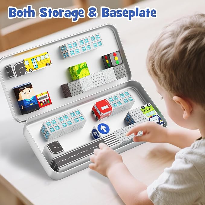 City Traffic Magnetic Blocks Set, 35PCS STEM Toys for Kids Ages 3-8, Travel Building Toys with Carrying Case, Child-Safe with Fully Encased Magnets, Car/Airplane Toddler Toy Birthday