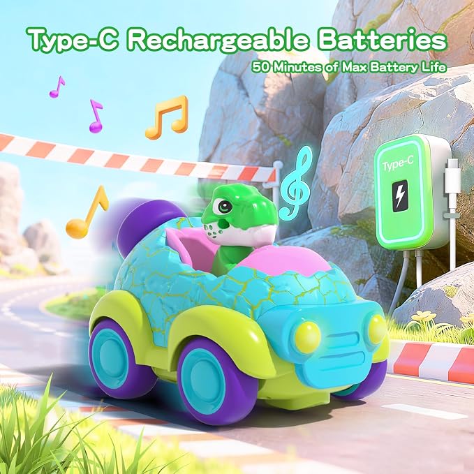 Remote Control Car for Toddlers, Dinosaur Toys for Ages 2-4 | Built-in Light & Music, Rechargeable RC Car Birthday Gifts for 2 3 4 Year Old Boys Girls