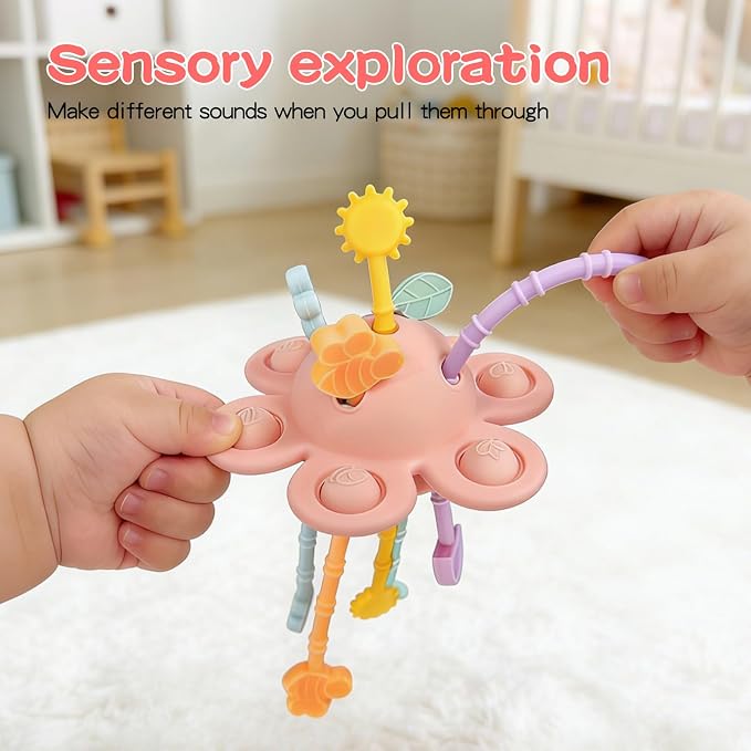 Food Grade Silicone Pull String Baby Toy, Montessori Pull String Sensory Toy (Pink)
