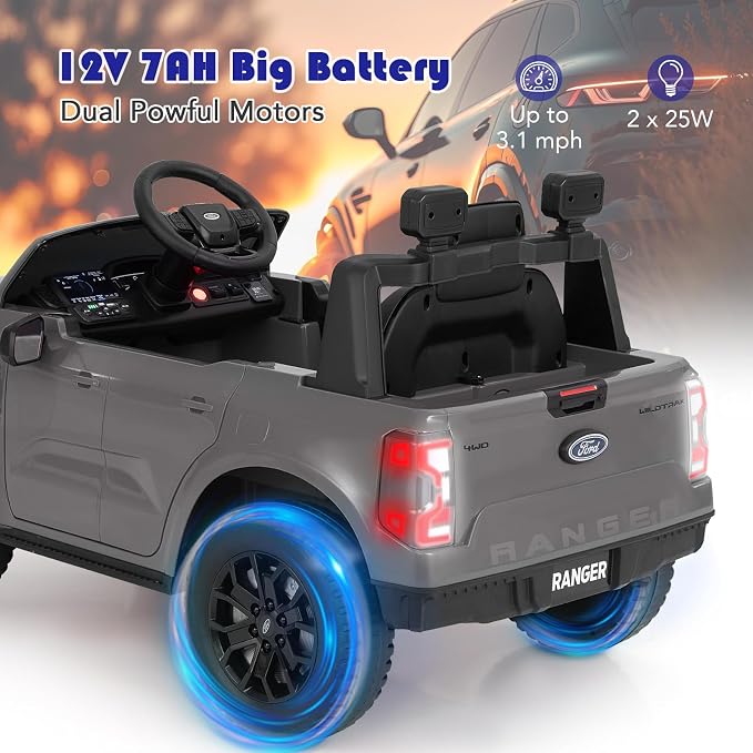 Licensed Ford Ranger Ride on Pickup Truck by INFANS, 12V Battery Powered Electric Vehicle for Kids with Remote Control, Headlight, Power Display, Bluetooth, MP3, Music, Aged 3-6 Years (Gray)