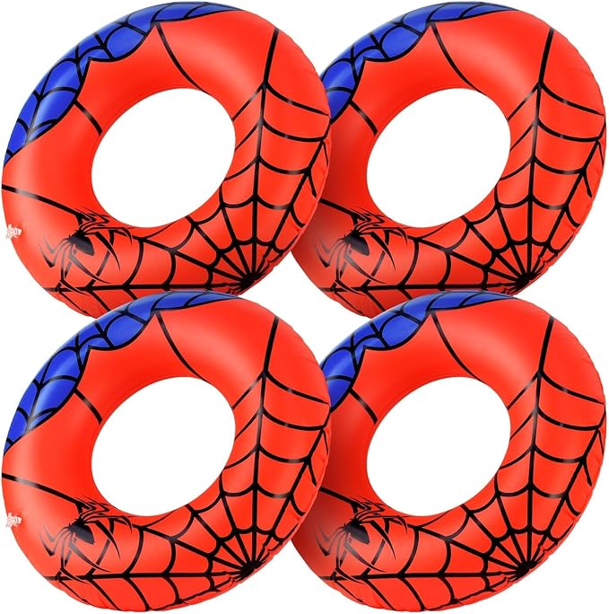 4 Pcs Spider Party Pool Floats, 24 Inch Web Pattern Swim Rings for Kids Ages 5-8 Pool Tube, Inflatable Pool Toys for Hawaiian Luau, Beach, Water Park Fun
