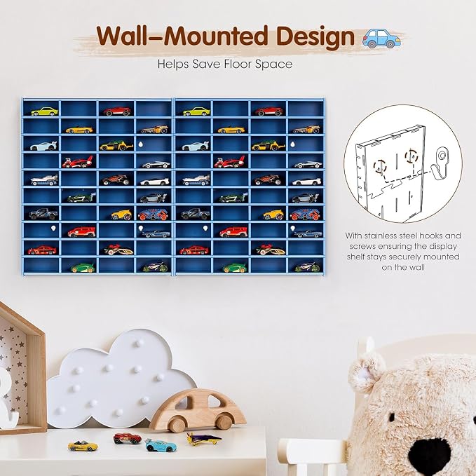 Krafetto 2 Pack Toy Car Display Shelf, Holds 80 Diecast 1/64 Toy Cars, Wall Mount Model Car Storage Organize Case, Blue