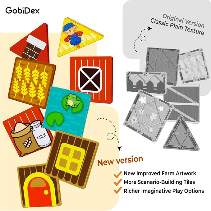 GobiDex Magnetic Tiles with Farm Animals Building Blocks, STEM Sensory Toys for Indoor, Outdoor, and Travel Play, Educational Magnet Toy Gift for Preschool Kids Ages 3-5, 4-8