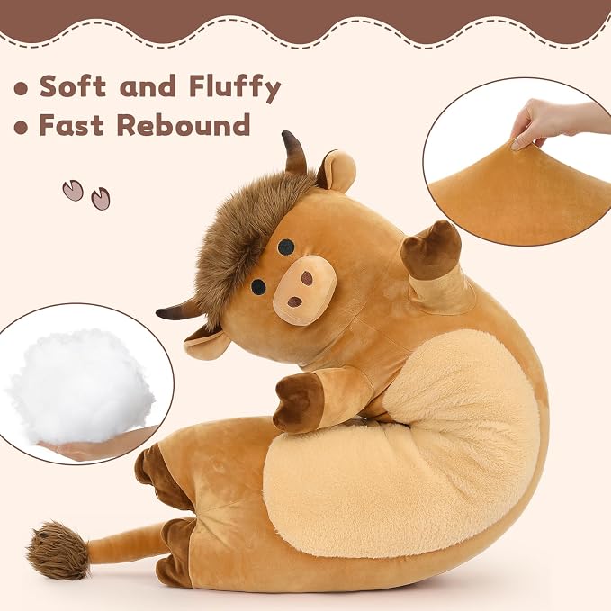 Tezituor 43" Cute Highland Cow Stuffed Animal,Soft Long Cow Plush Pillow Gift for Kids Adults,Big Stuffed Cow Plush Toy for Sleeping Boys Girls