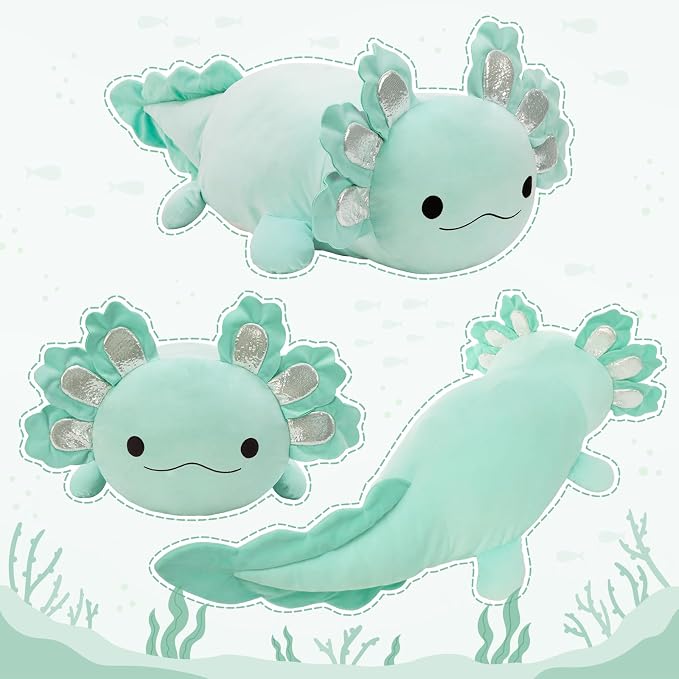 BENINY Large Axolotl Plush Toy, 39" Giant Mint Axolotl Stuffed Animal Plush, Big Huggable Toys Gift for Girls Kids, Long Squishy Pillow for Holiday Birthday Christmas