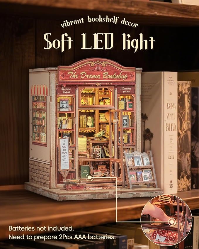 Cutefun Book Nook Kit - DIY Miniature Dollhouse Booknook Kit for Adults and Teens, 3D Wooden Puzzle Bookshelf Insert Decor with LED Light, Gifts for Family and Friends (The Drama Bookshop)