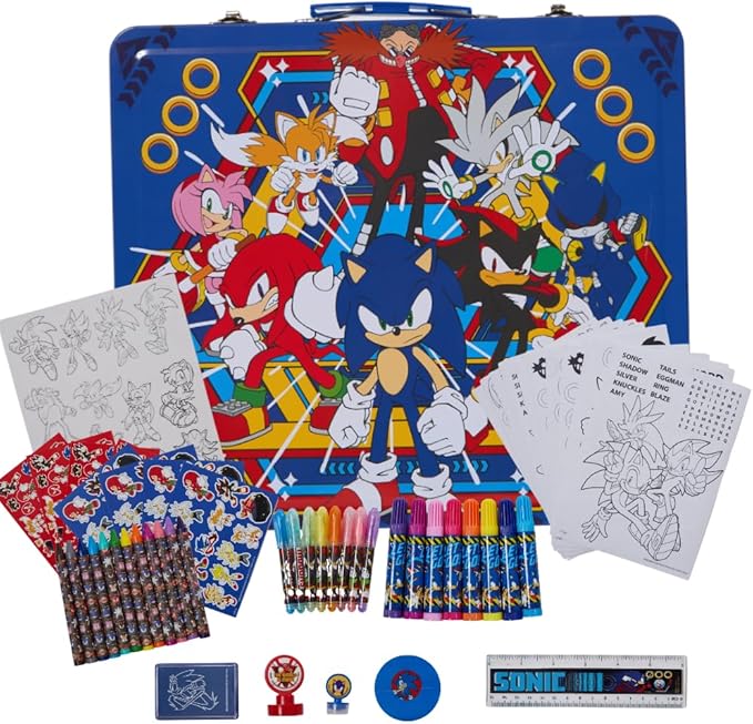 Sonic the Hedgehog Deluxe Activity Set, Carrying Tin & Art Supplies for Kid | 200+ Piece Art Set with Sonic Coloring Pages, Sticker Book, Markers, Crayons, Storage Tin, Knuckles, Shadow, Tails, Echidna