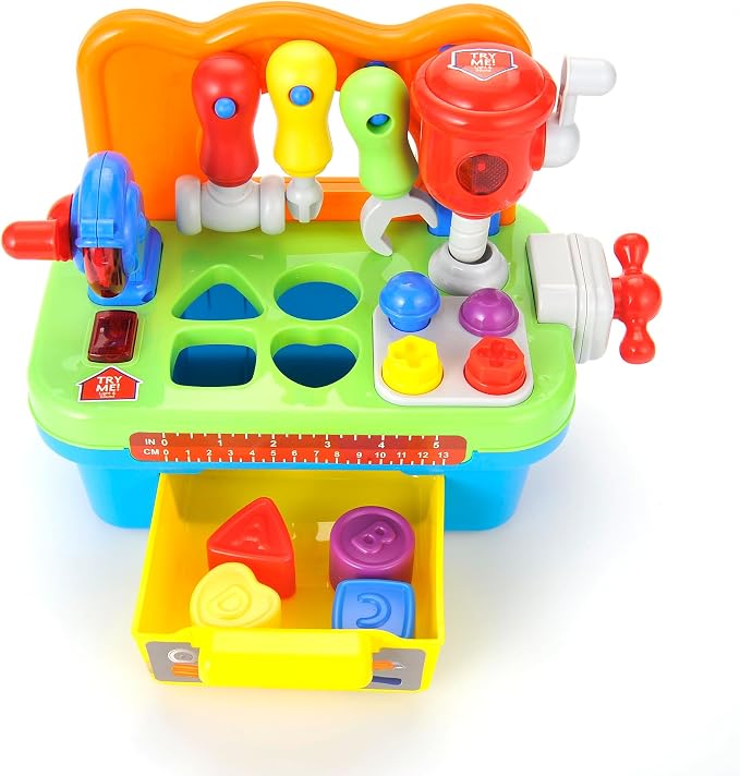 Toddler Tool Bench Toys for 1 Year Old Boy, Kids Tool Bench Toys for Toddlers 1-3, Multifunctional Early Learning Tool Toy Baby Workbench Toy with Light & Sound, Baby Tool Set with Shape Sorter