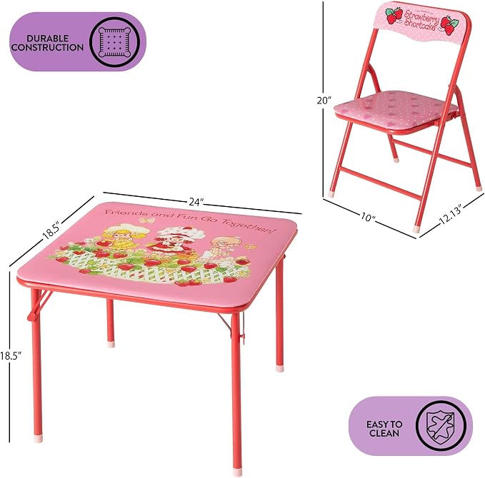 Idea Nuova 3-Piece Furniture Set with 1 Square Table & 2 Folding Chairs for Kids, Strawberry Shortcake