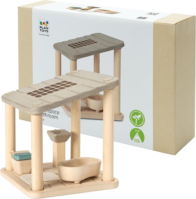 PlanToys® Wooden Dollhouse Bathroom Room Set | Bath, Toilet, Sink & Accessories Furniture Set | Open Ended Role Play Room for Dollhouse Expansion