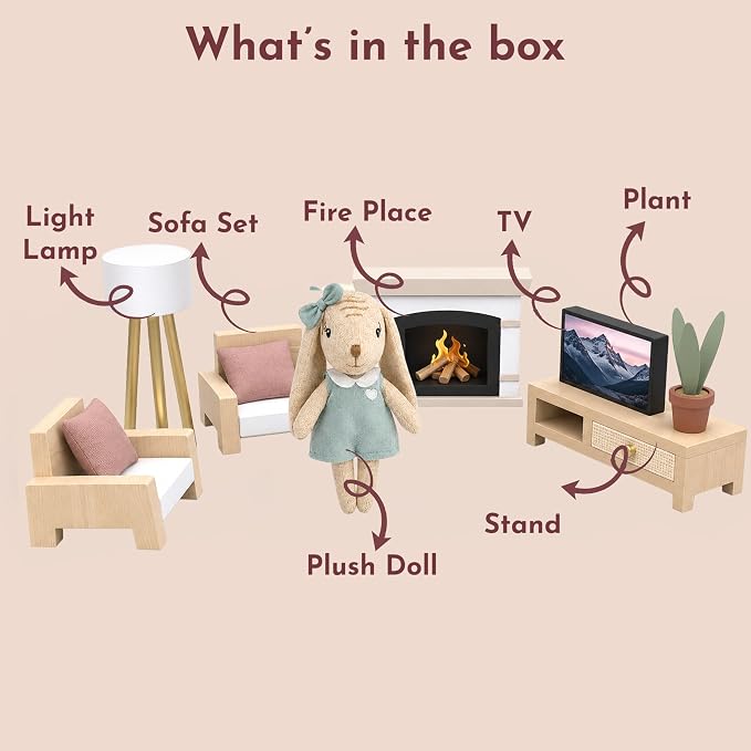 SPEEDY MONKEY Cozy Dollhouse Living Room Playset with Bunny – Miniature FSC Wooden Furniture Sofa, TV – Pretend Play Fully Furnished Farmhouse Accessories for Kid, Toddler, Girl – Doll House Decor Toy