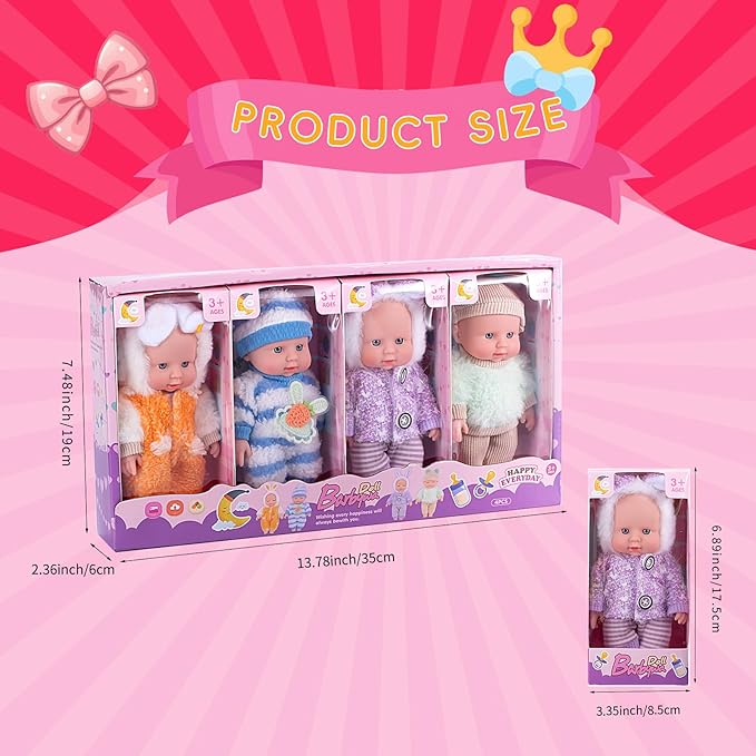 Vueos 4 Pcs 7 Inch Baby Doll Playset with 4 Adorable Clothes, Mini Reborn Baby Dolls Nursery Toys for Toddlers Girls Kids 3+