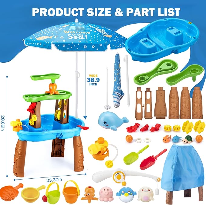 Water Table for Toddlers 3-5 with Umbrella Outdoor Toys for Kids Ages 4-8 Kids Sand Water Table with Fishing Game Set Activity Sensory Table with Water Pump Summer Gift for Kids