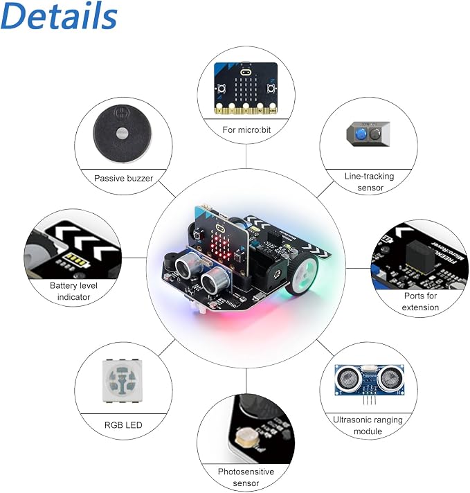 Freenove Micro:Rover Kit for BBC micro:bit (Not Included, Works with V1 & V2), Obstacle Avoidance, Light-tracing, Line-tracking, Remote Control, Playing Melody, Colorful lights, Blocks and Python Code