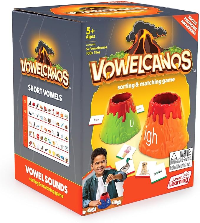 Junior Learning: Vowelcanos - Sorting & Matching Game, Learn Short & Long Vowels, Builds Phonemic Awareness, Reading Development, Kids Ages 5+