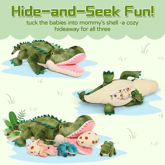 7Pcs Alligator Stuffed Animal, 23.6" Giant Crocodile Plush Toy with 3 Baby Crocodiles Plushies, Stuffed Alligator Gift for Kids on Birthday,Christmas or Baby Shower,Party Decorations