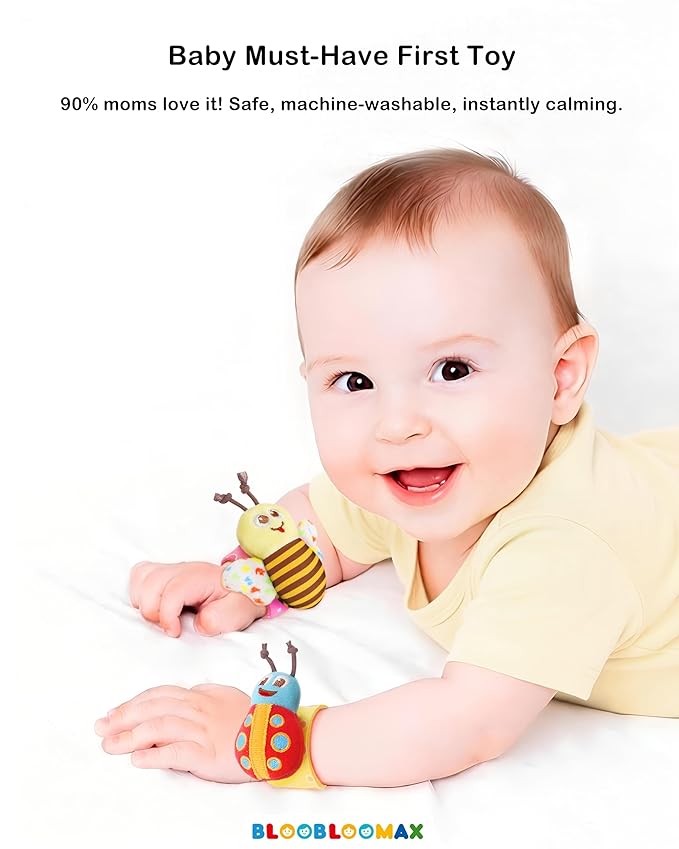 Bloobloomax Baby Wrist Rattle Socks & Foot Finder Toy-Gift for 0-36M | Infant Essentials Wristband Hand & Feet Rattles | Sensory Toys for 0-3Years Newborn Boys and Girls As Shower Present