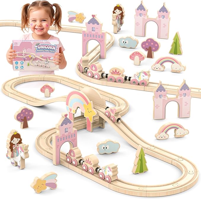 Wooden Train Set for Toddlers – 39 Pcs Unicorn Wooden Train Track Toy for Girls, Fantasy Toddler Toys for 3 4 5 6 Year Old Girls, Ideal Christmas Birthday Gift for 3-5 Girl