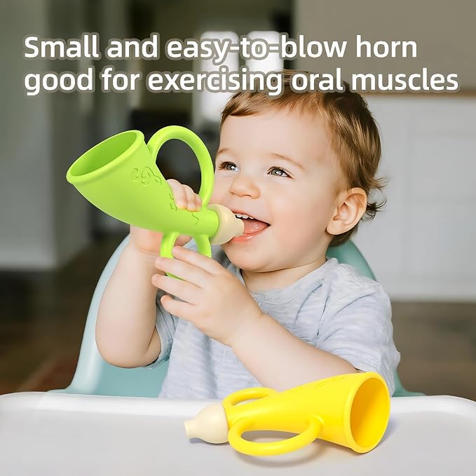 Baby Trumpet Toy 6-12 Months, Silicone Baby horn blowing toy with 2PCS yellow green for Teething Sensory play, Easy Grip Toddler whistle toys 0-6 Months Newborn Gift (Horn)