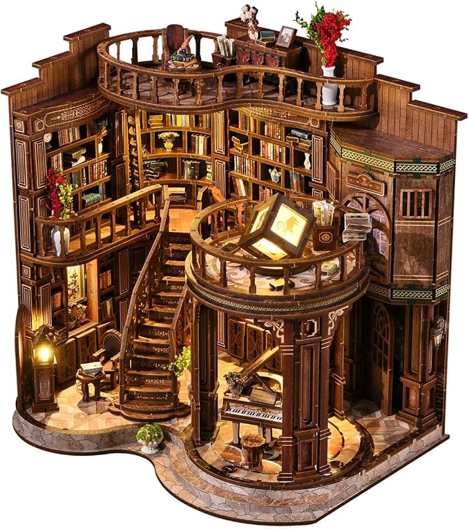 DIY Miniature House Kit, Book Nook Kit, 3D Wooden Puzzles Bookshelf Craft Kits, Dollhouse Kit with LED Light, Mini Building Kit for Adults Teen to Build (Dreamy Book Hall)