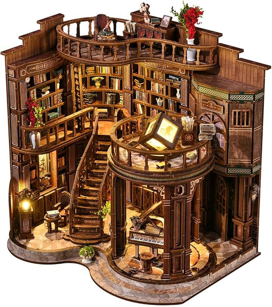 DIY Miniature House Kit, Book Nook Kit, 3D Wooden Puzzles Bookshelf Craft Kits, Dollhouse Kit with LED Light, Mini Building Kit for Adults Teen to Build (Dreamy Book Hall)