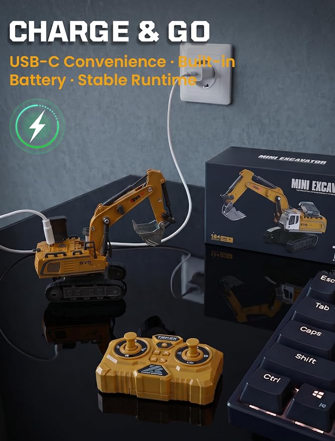 SHINESIGNAL11 Channel Mini RC Excavator Toy, Remote Control Excavator for Adult, Metal Aolly Bucket,Type-C Rechargeable, Construction Vehicle Toy for Boys 3+ Year Old