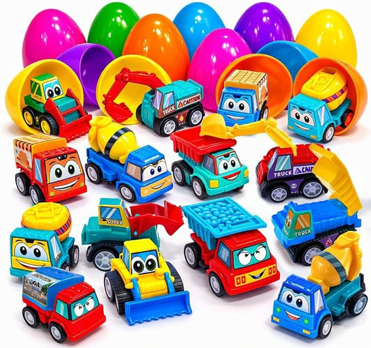 stargo 16 Pack Colorful Prefilled Easter Eggs bulk with toys - Mini Car set Construction Engineering Vehicles pull-back cars. Plastic Easter Eggs Filled, Basket Fillers, Party Favors, Boys Goodie Bags