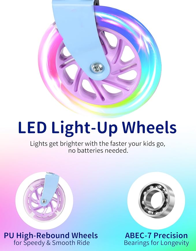 BELEEV V1 Scooters for Kids, 2 Wheel Folding Kick Scooter for Girls Boys, 3 Adjustable Height, Light Up Wheels, Lightweight Scooter with Sturdy Frame, Kickstand for Children 3 to 12 Years Old