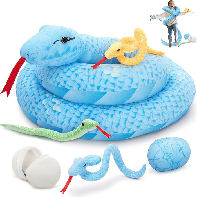 MorisMos Giant Snake Stuffed Animals Mommy with Babies & Eggs,55" Mama Stuffed Snake Toy for Kid Girl Boy,Realistic Blue Anaconda Toy,Colorful Baby Python Toys for Halloween Decor/Jungle-Themed Party