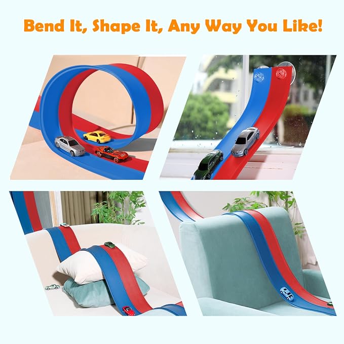 15 Ft Flexible Race Track for Kids 3+, Certified Safe Flex Race Car Ramp with Two 1/64 Diecast Cars — Starter Set, Portable Roll-Up Racetrack with Strong Suction Cups, Great Gift for Boys Girls