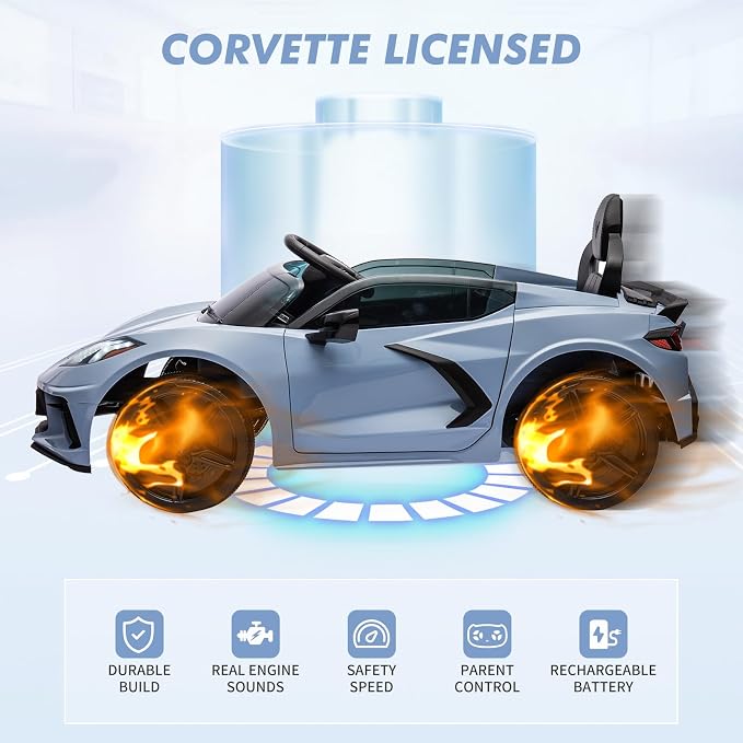 Garvee 12V Kids Ride on Car Licensed Corvette Toddlers Electric Sports Car Ride on Toy with Remote Control, Visual Dashboard, LED Lights, Music for Boys & Girls, Light Blue