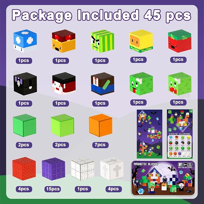 QOUBAI 45PCS Mini Magnetic Blocks Travel Toys, Magnet Building Cubes Tiles Set with Portable Iron Case, Learning Activities Gifts for Kids Toddlers Boys & Girls Ages 3-8 (Zombies)