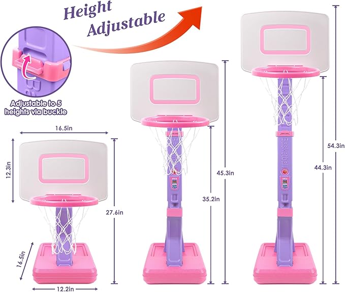 SUPER JOY Toddler Pink Basketball Hoop for Kids 1-3,2-4 5 Years Old, Adjustable Mini Hoop Set for Indoor Outdoor Play, Portable Basketball Goal Balls Sports Toys for Little Boys Girls Birthday Gifts