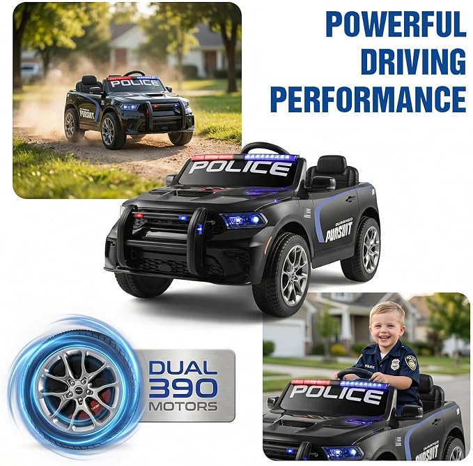 12V Kids Ride On Police Car, Licensed Dodge Durango Electric Ride On SUV with Remote Control,Dual 390 Motors, LED Lights, Music, Bluetooth, Siren, Megaphone Battery Powered Ride On Toy for Kids, Black