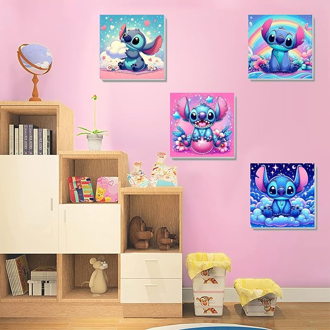 4 Pack Cartoon Paint by Numbers for Kids with Framed Canvas-with Wooden Easel, Paint by Number for Kids Ages 4-8-12, DIY Easy Acrylic Oil Painting Kits for Home Wall Decor (8X8inch)