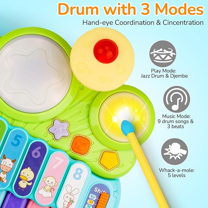 Baby Piano Drum Set for Toddlers 1-3, Musical Toys 3 in 1 Baby DJ Table Piano Keyboard Xylophone Drum Instruments for 1 2 Year Old Boys Girls Music & Light Activity Table Babies First Birthday Gifts
