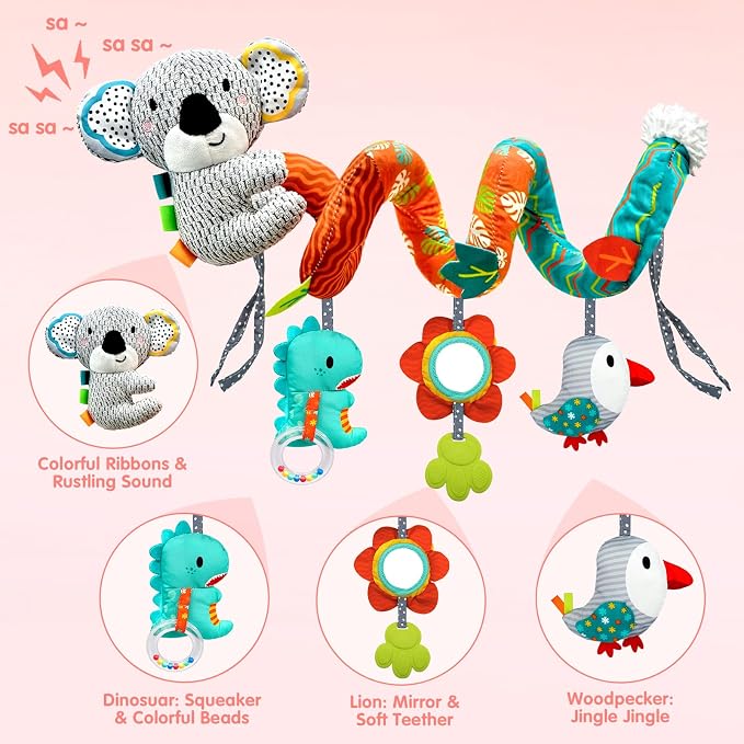 MONSTIME Car Seat Toys for Babies 0-6 Months, Newborn Toys Baby Toy 0-3 Months Stroller Toys, Infant Toy 0-6 Month for Carseat Stroller Crib with Mirror, Rattle, Teether for 0 3 6 9 12 Boys Girls