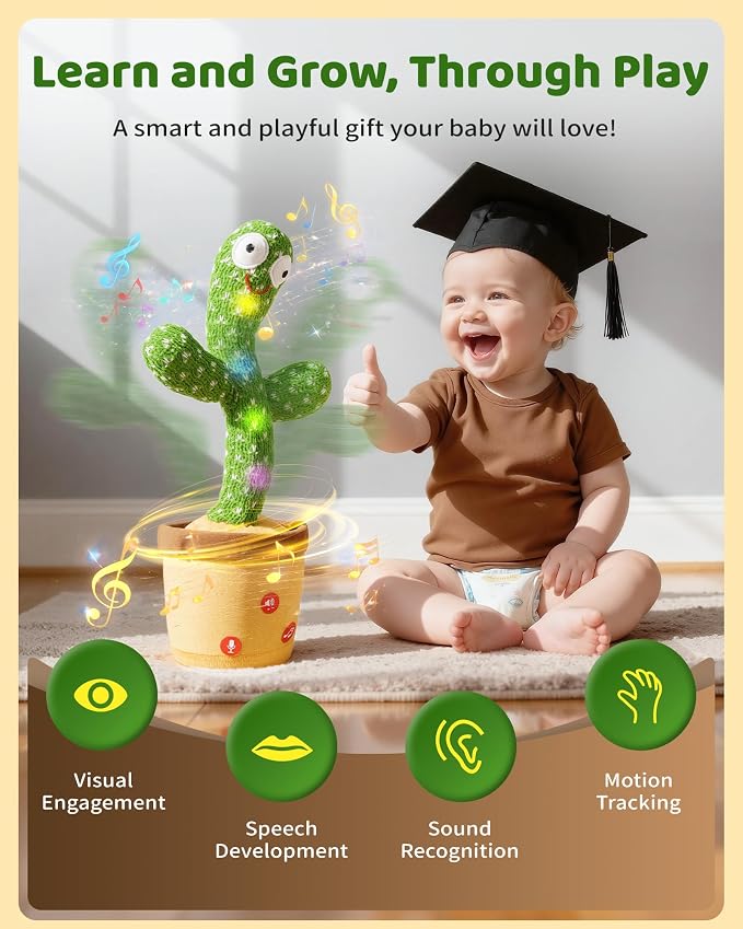 TWORIVER Adjustable Volume Dancing Talking Cactus Toy for Baby Toddler, Boys Girls Gifts Singing Mimicking Recording Repeating What You Say Baby Toys with 120 English Songs