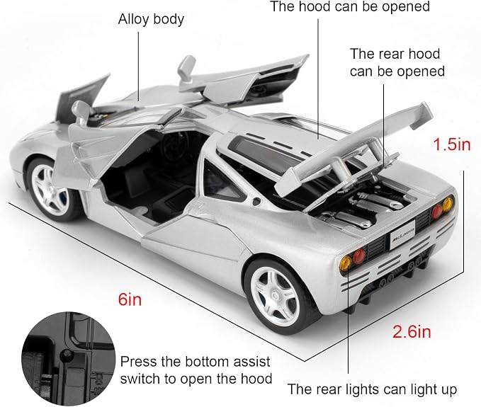 1/32 Car Model Compatible for Collectible McLaren F1 Supercar Diecast Toy Car, Zinc Alloy Pull Back Vehicles Toy with Sound and Light for Adult Boys Girls 3 4 5 6 7 8 Silver
