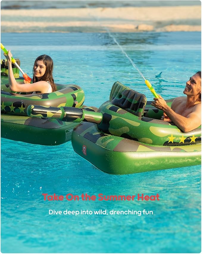 QPAU Inflatable Tank Pool Float for Adults & Kids – Ride-On Camouflage Floaty with Water Cannon, Swim Raft Toy for Boys Girls, Lake Beach Backyard Party Floaties