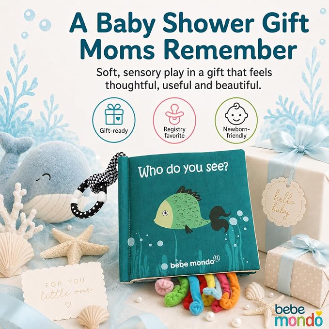 Fish Baby Book, Crinkle Books for Babies, Touch & Feel Soft Books, Infant Baby Toys 0-3 0-6 6-12 Months, Sensory Mirror Toy,Teether Ring, Baby Shower, Baby Basket Stuffers,Gifts for Boys Girls -Green