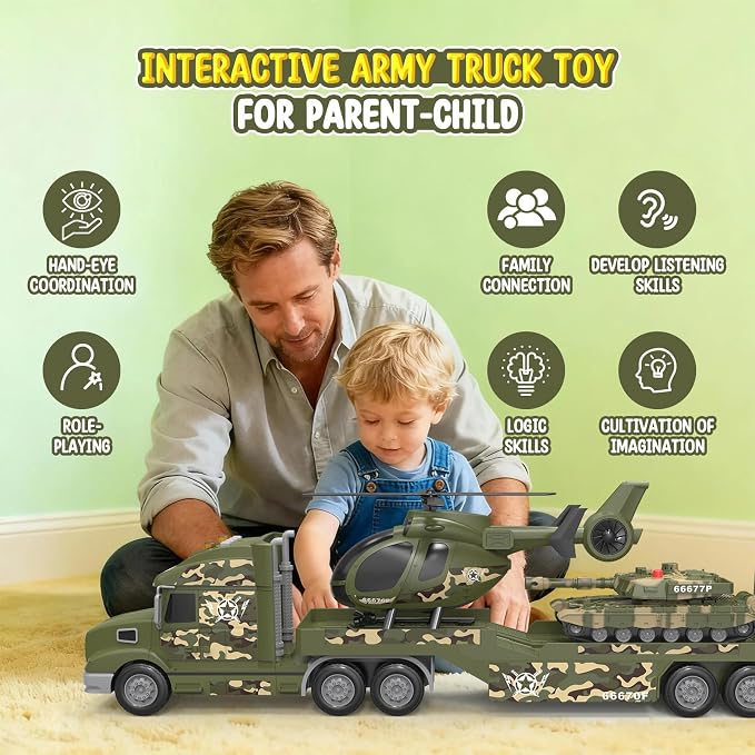 Toddler Toys for 3 4 5 6 Year Old Boys - 27" Large Semi Army Truck Toy with Tank and Helicopter, 3-in-1 Friction Powered Transport Vehicle with Lights Sounds, Christmas Birthday Gifts for Boys