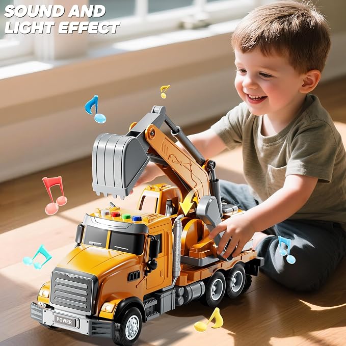 JUKUDAHU Excavator Toys for Boys Aged 3-5 4-6, Play Excavator with Light and Sound, Toy Truck Construction Vehicles Cars for Kids 2-4 4-7 Years Old, Birthday Gift for Girls Toddlers 1-3