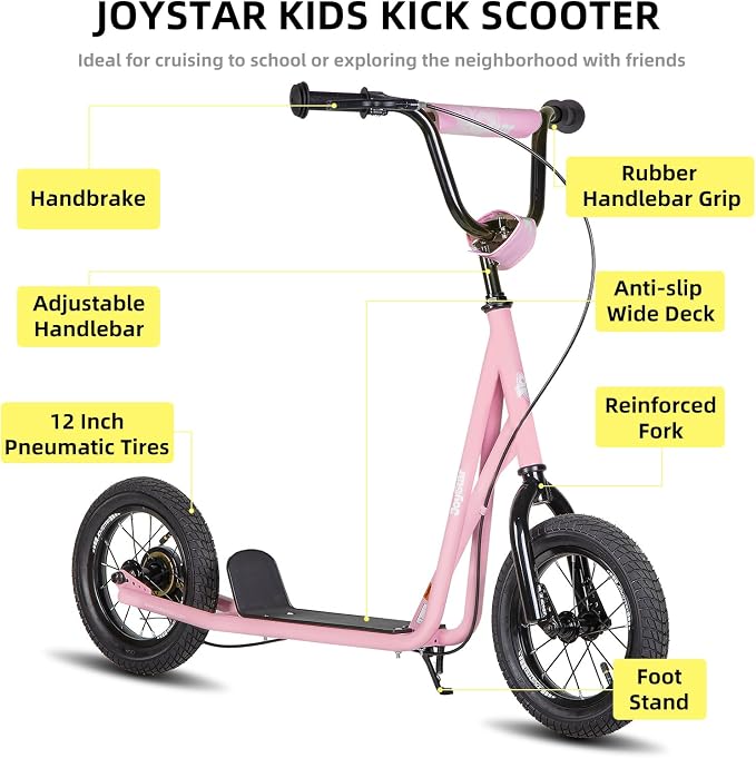 JOYSTAR Kick Scooter for Ages 5-9 Years Old Boys Girls, 12 Inch Big Wheels Scooters for Kids, Teens and Adults, Rear Brake and Adjustable Handlebar, Kids Scooter