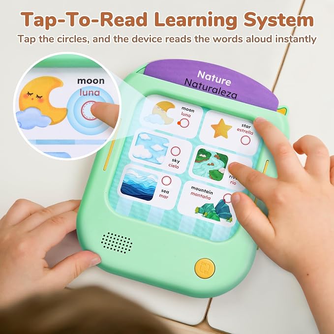 JoyCat Bilingual Kids Learning Tablet, 106 Pages Spanish & English Talking Cards with 20 Interactive Games, Montessori Toy for Alphabet, Words, Numbers, Colors & Songs, Learning Gifts for Toddler 2-6