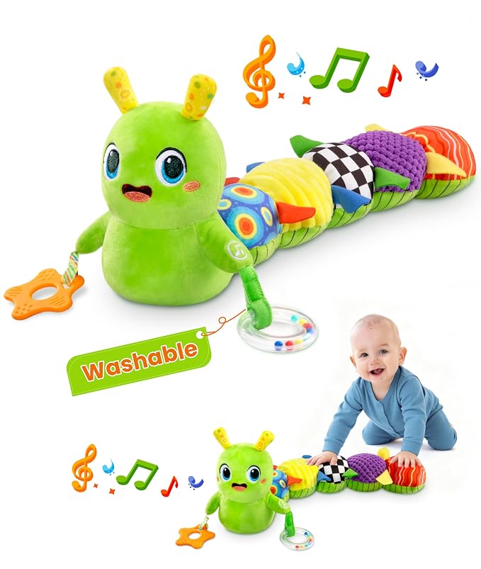 Baby Toys 0-6 Months, Washable Baby Musical Caterpillar Toys with 10 Children's Songs,Rattles,Teething Toys,Suitable for 0-6, 6-12 Months Infant Tummy Time Toy,Newborn Baby Boy&Gril Gifts(SoftGreen)
